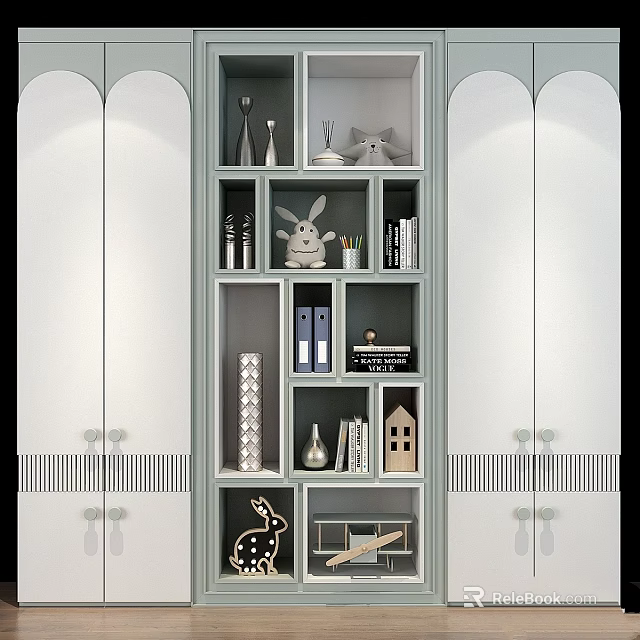 Modern Wardrobe Design with Open Shelves and Decorative Elements Including Rabbit Figurine Books and Vases 3d model 