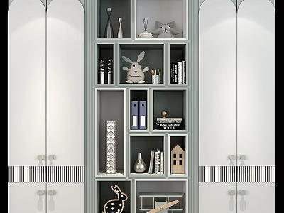 Modern Wardrobe Design with Open Shelves and Decorative Elements Including Rabbit Figurine Books and Vases 3d model