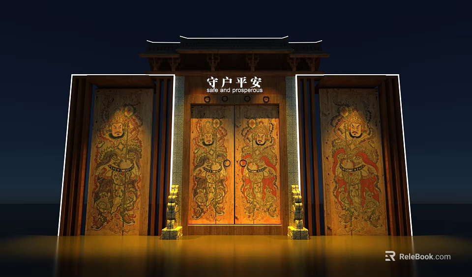 Chinese Traditional Gate Photo Spot With Door Gods Plaque And Night Lighting 3d model 
