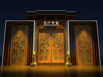 Chinese Traditional Gate Photo Spot With Door Gods Plaque And Night Lighting 3d model