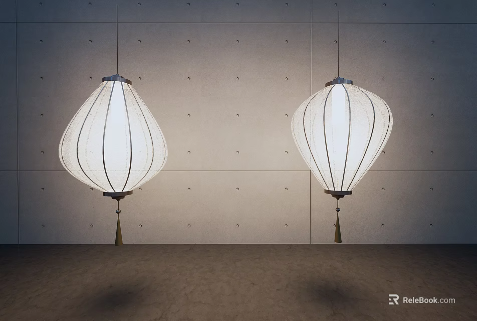 White Lantern Shaped Chandeliers With Striped Design And Tassels Against Gray Wall Interior 3d model 