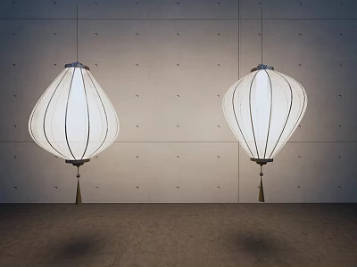 White Lantern Shaped Chandeliers With Striped Design And Tassels Against Gray Wall Interior 3d model