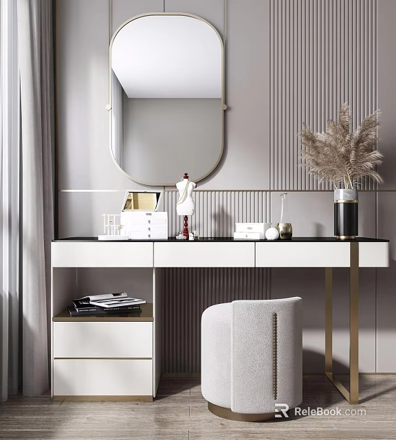 White Dressing Table With Round Mirror Gold Legs Beige Chair And Pampas Grass Decor 3d model 