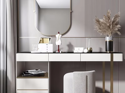 White Dressing Table With Round Mirror Gold Legs Beige Chair And Pampas Grass Decor 3d model
