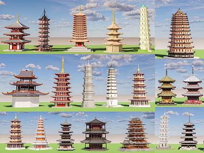Traditional Chinese Pagodas With Multi layered Structures And Diverse Architectural Styles 3d model