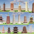 Traditional Chinese Pagodas With Multi layered Structures And Diverse Architectural Styles 3d model