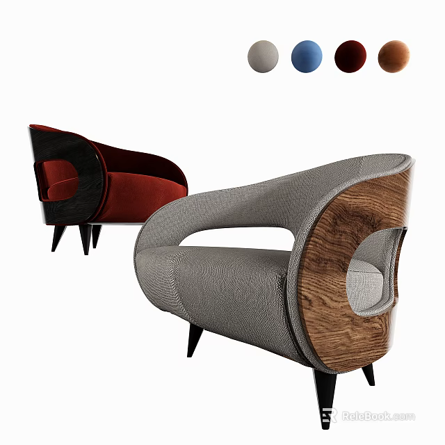 Modern Single Sofa With Wooden Armrest Curved Design Gray Red Fabric And Black Legs 3d model 