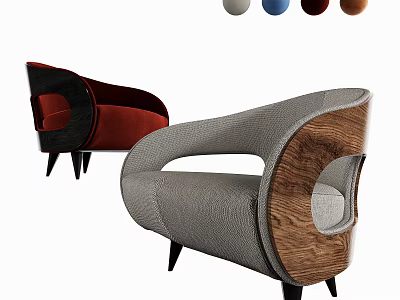 Modern Single Sofa With Wooden Armrest Curved Design Gray Red Fabric And Black Legs 3d model