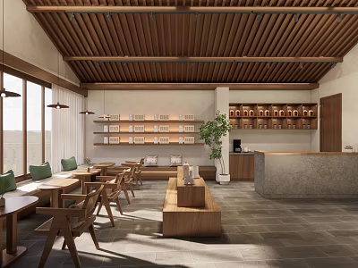 Cozy Café Interior Design With Wooden Ceiling Natural Light Tables Chairs Bookshelves And Green Plant 3d model