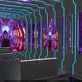 Modern KTV Interior With Neon Lights Sofa Background Screen And Decorative Paintings