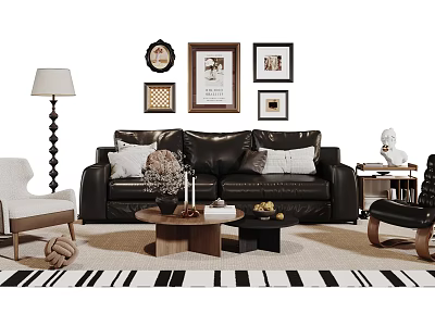 Black Leather Sofa With White Cushions Wooden Coffee Table Set With Vase Fruits Candles 3d model