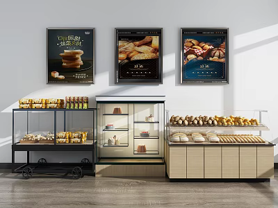 Bakery Display Shelves With Glass Cases Holding Bread Pastries And Decorative Wall Posters 3d model