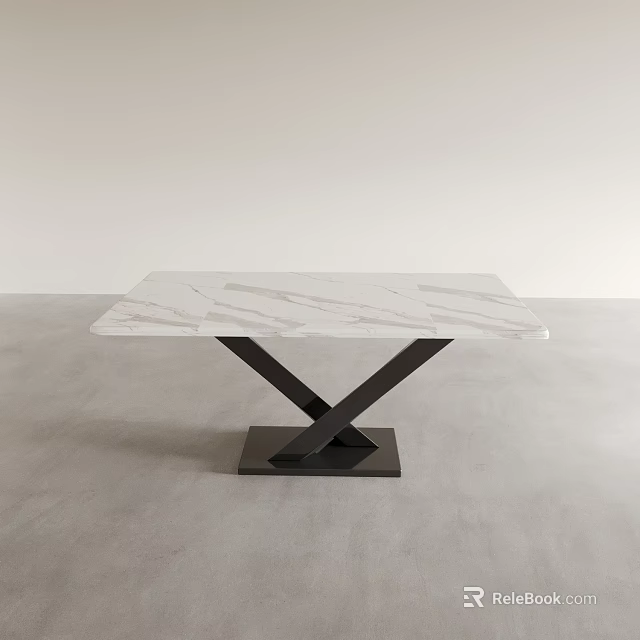 Modern Minimalist Dining Table With White Marble Top And Black Cross Metal Legs 3d model 