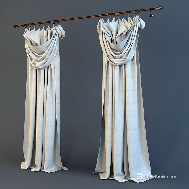 Elegant Light Gray Curtains With Soft Draped Design And Polka Dot Patterns 3d model 