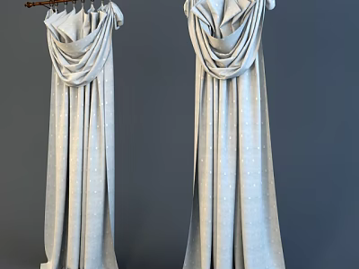 Elegant Light Gray Curtains With Soft Draped Design And Polka Dot Patterns 3d model