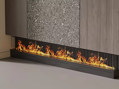 Modern Linear Fireplace With Flaming Fire And Textured Wall Wooden Panel 3d model
