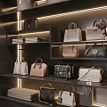 Luxury Handbags In Various Styles And Colors On Modern Black Display Shelves With Warm Lighting