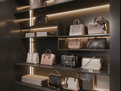 Luxury Handbags In Various Styles And Colors On Modern Black Display Shelves With Warm Lighting 3d model