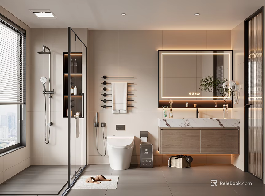 Modern Bathroom Interior Design With Glass Shower Partition Marble Vanity Toilet And Mirror 3d model 