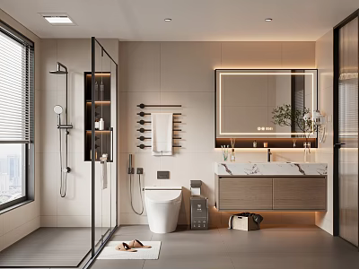 Modern Bathroom Interior Design With Glass Shower Partition Marble Vanity Toilet And Mirror 3d model