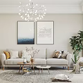 Modern Living Room With Beige Sofa Throw Pillows Wall Art Chandelier And Cat On Rug