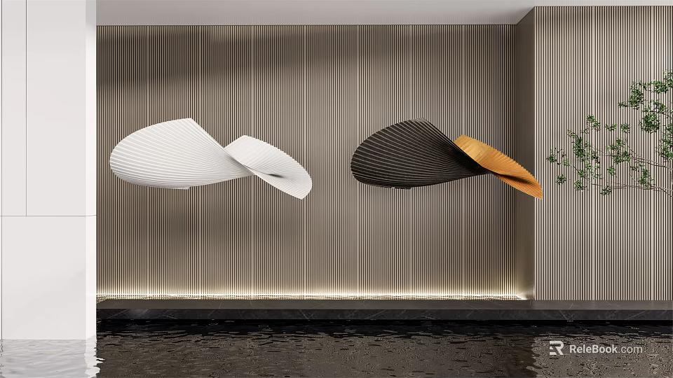 Modern Curved Hanging Sculptures With White Black Orange Design On Striped Wall 3d model 