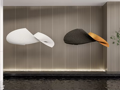 Modern Curved Hanging Sculptures With White Black Orange Design On Striped Wall 3d model