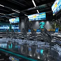Modern Cyber Cafe Interior With Multiple Screens Computers And Bar Counter 3d model