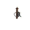 Wooden Garden Hose Holder With Black Hose Brass Fittings And Green Nozzle
