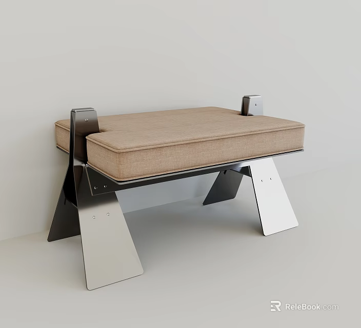 Modern Upholstered Stool With Beige Cushion And Sleek Metal Frame Design 3d model 