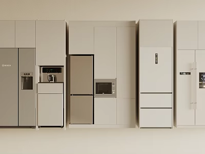 Modern Kitchen Interior With Built In Refrigerators Freezers And White Cabinets 3d model