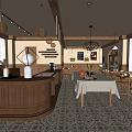 Cozy Café Interior With Wooden Counter Hanging Lights And Patterned Tile Flooring