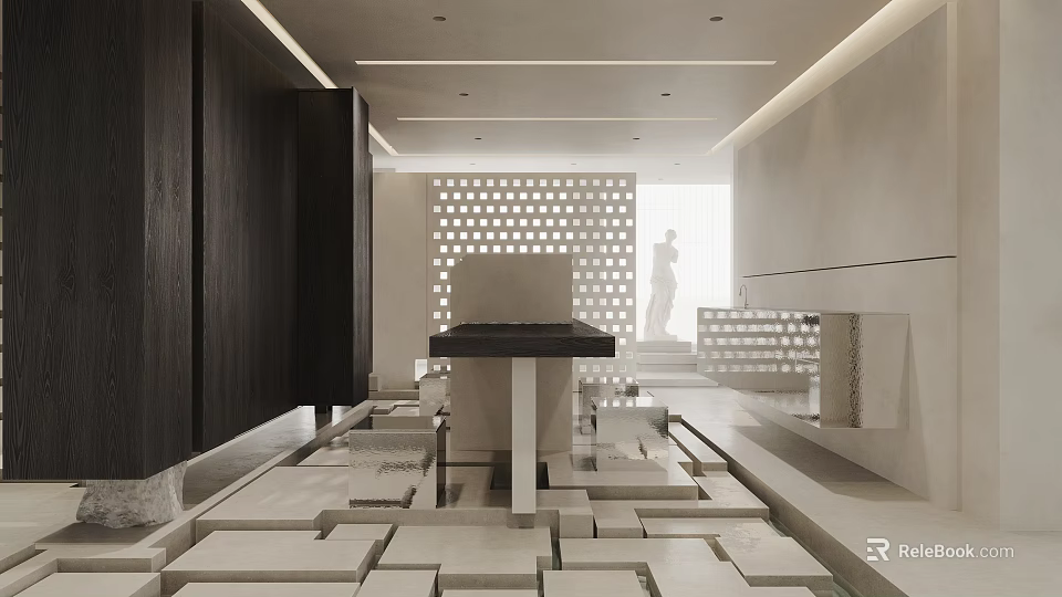 Unique Modern Interior Space With Geometric Block Flooring Perforated Wall And Minimalist Sculpture 3d model 