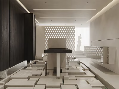 Unique Modern Interior Space With Geometric Block Flooring Perforated Wall And Minimalist Sculpture 3d model