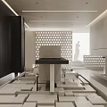 Unique Modern Interior Space With Geometric Block Flooring Perforated Wall And Minimalist Sculpture