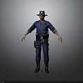 Police Officer In Blue Uniform With Hat And Equipment Belt Standing On Gray Background