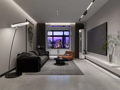 Modern Living And Dining Room With Black Sofa Orange Armchair Large TV City Night View 3d model
