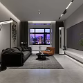 Modern Living And Dining Room With Black Sofa Orange Armchair Large TV City Night View