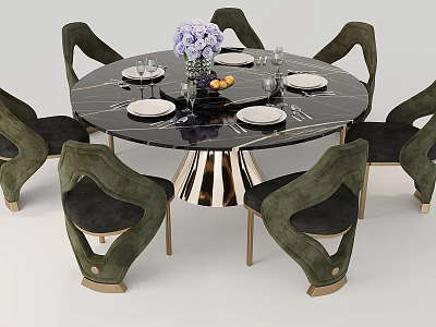 Modern Round Black Marble Dining Table With Six Green Velvet Chairs And Gold Legs 3d model