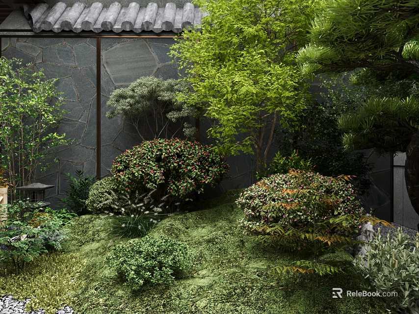 Traditional Japanese Garden Landscape With Stone Wall Tile Roof And Lush Green Plants 3d model 