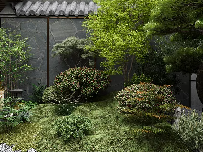 Traditional Japanese Garden Landscape With Stone Wall Tile Roof And Lush Green Plants 3d model
