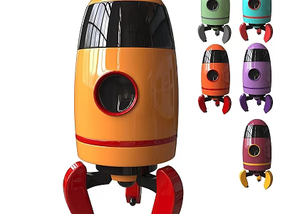 Colorful Rocket Shaped Toy Doll with Round Window and Red Base in Various Bright Colors 3d model