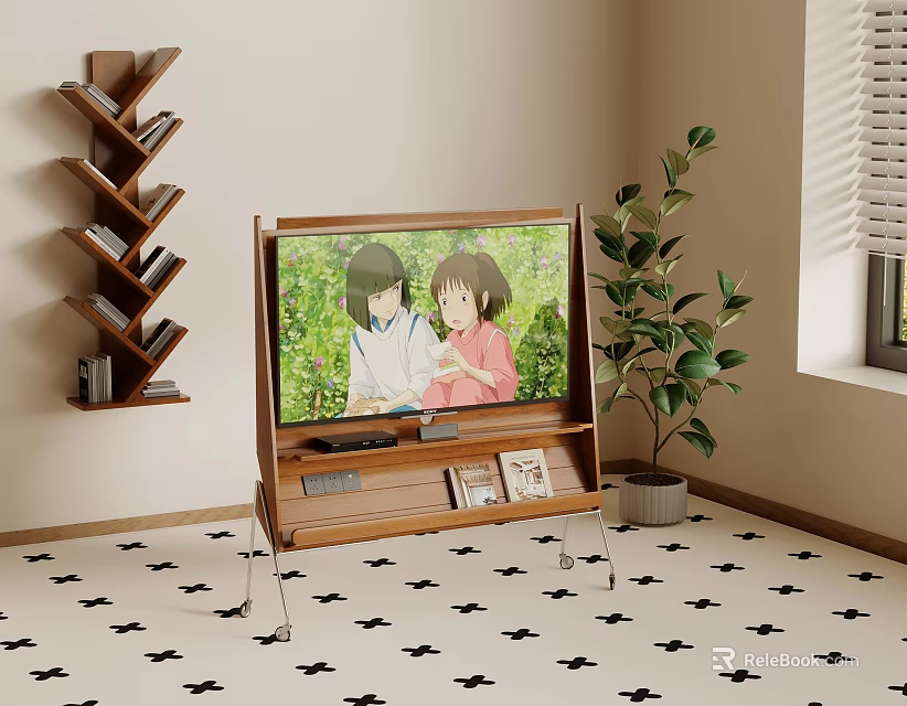 TV On Wooden Stand Showing Two People With Wood Shelves Green Plant And Star Floor 3d model 