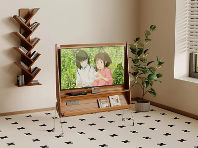 TV On Wooden Stand Showing Two People With Wood Shelves Green Plant And Star Floor 3d model