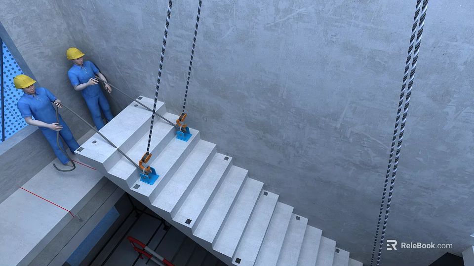 Concrete Staircase Being Lifted By Construction Workers With Lifting Ropes 3d model 