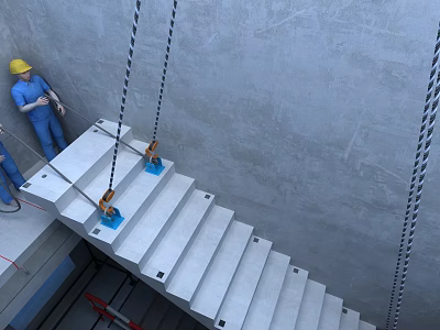 Concrete Staircase Being Lifted By Construction Workers With Lifting Ropes 3d model