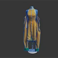 Stylish Yellow Dress With Blue Shoulder Details And Green Cuffs Displayed On Mannequin