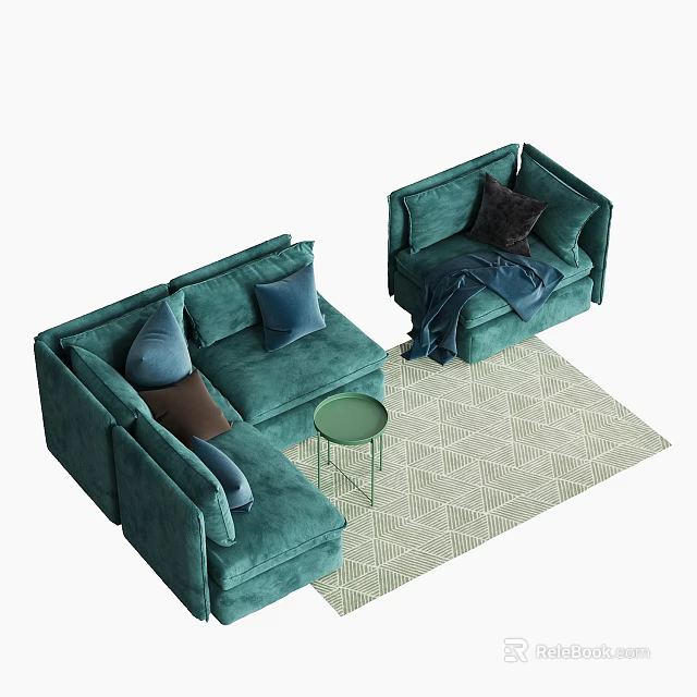 Green Sofa Set With Blue Brown Cushions Green Round Side Table And Geometric Pattern Rug 3d model
