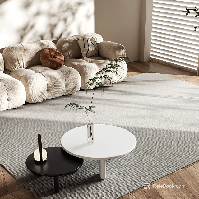 Modern Living Room With White Round Coffee Table And Beige Sofa On Light Gray Rug 3d model 