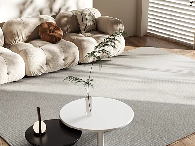 Modern Living Room With White Round Coffee Table And Beige Sofa On Light Gray Rug 3d model